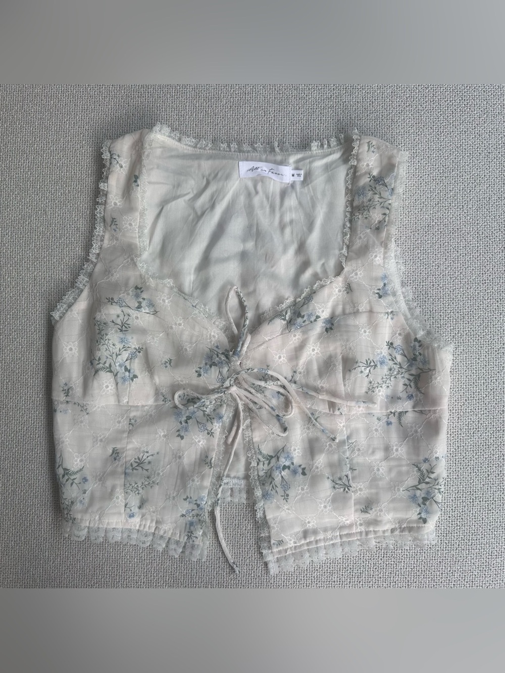 All in Favor Floral Lace-Trim Cropped Tie-Front Tank - Cream with Blue Floral
